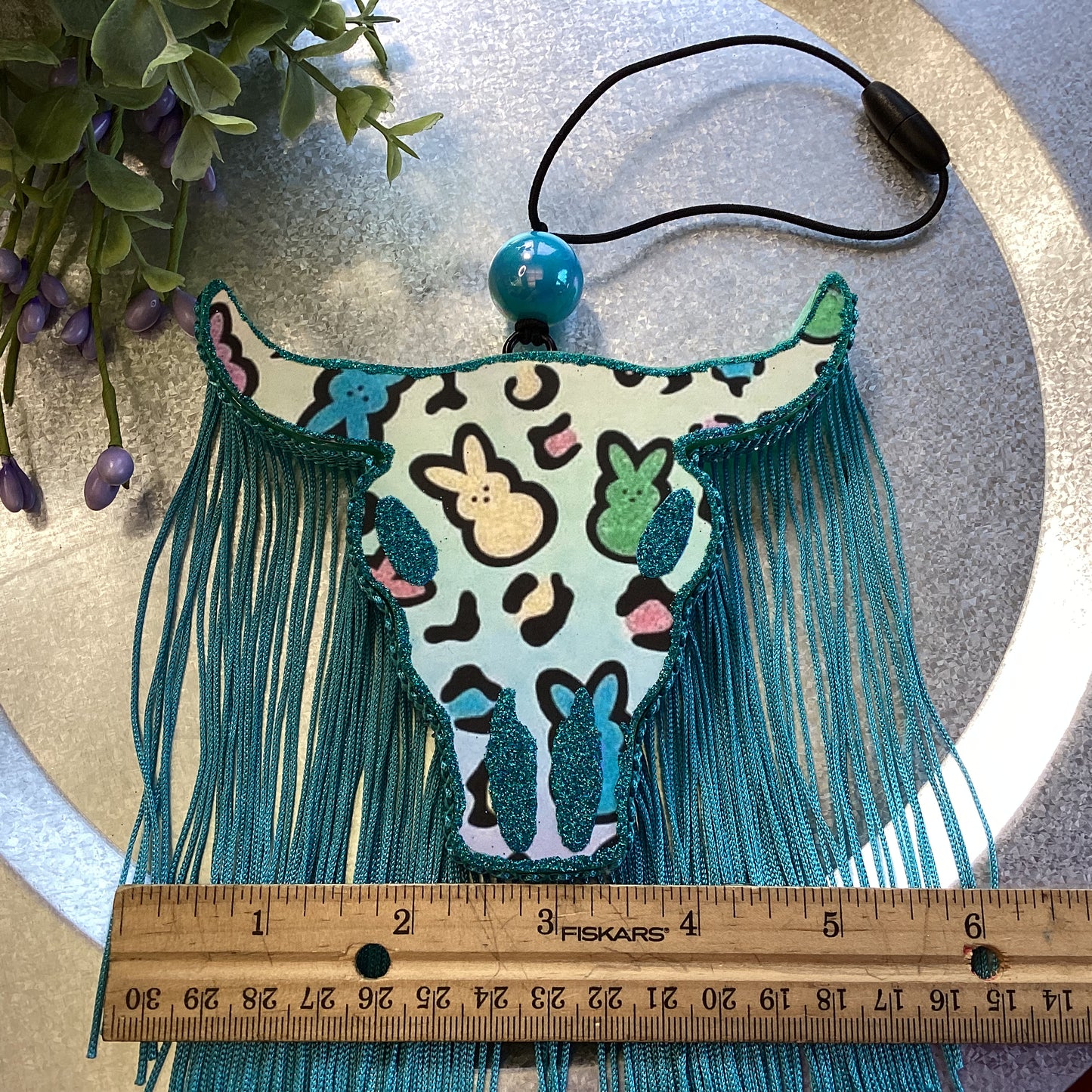 Marshmallow Bunny and Leopard Print Bull Skull With Fringe - Cherry Blossom Scent | Car Freshie | Car Freshy| Air Freshener | Car Accessory | Vehicle Decor | Gifts