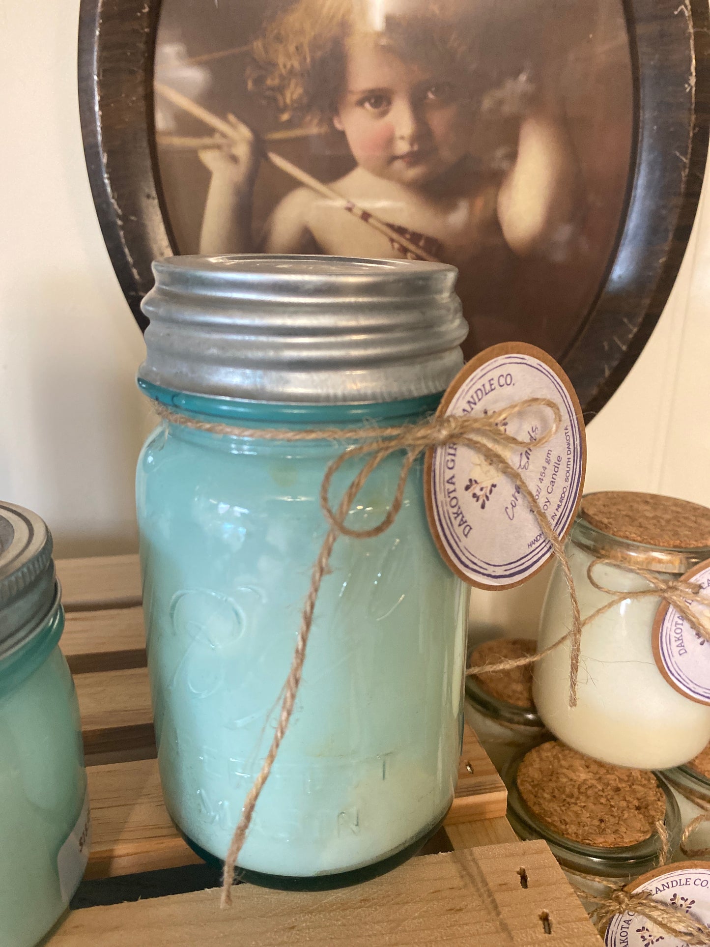 Antique Blue Mason Jar | Ball Mason Jar | Zinc and Porcelain Lid | Antique and Vintage Style | Farmhouse Style | Country Style | Soy Candle, 16 oz.