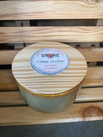 Ceramic Container Candle - A Vintage Christmas Scent | Rustic Pine Lid | 3 Wick Candle | Rustic Style | Soy Candle, 12 oz.