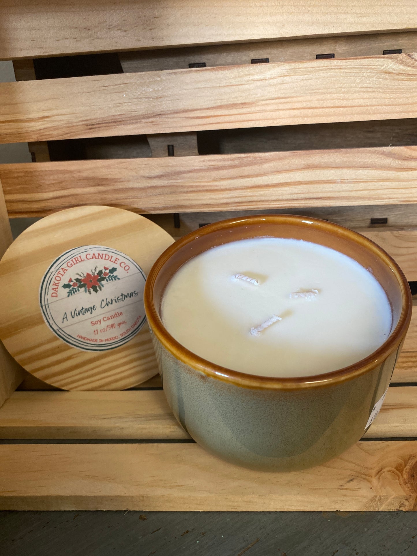 Ceramic Container Candle - A Vintage Christmas Scent | Rustic Pine Lid | 3 Wick Candle | Rustic Style | Soy Candle, 12 oz.