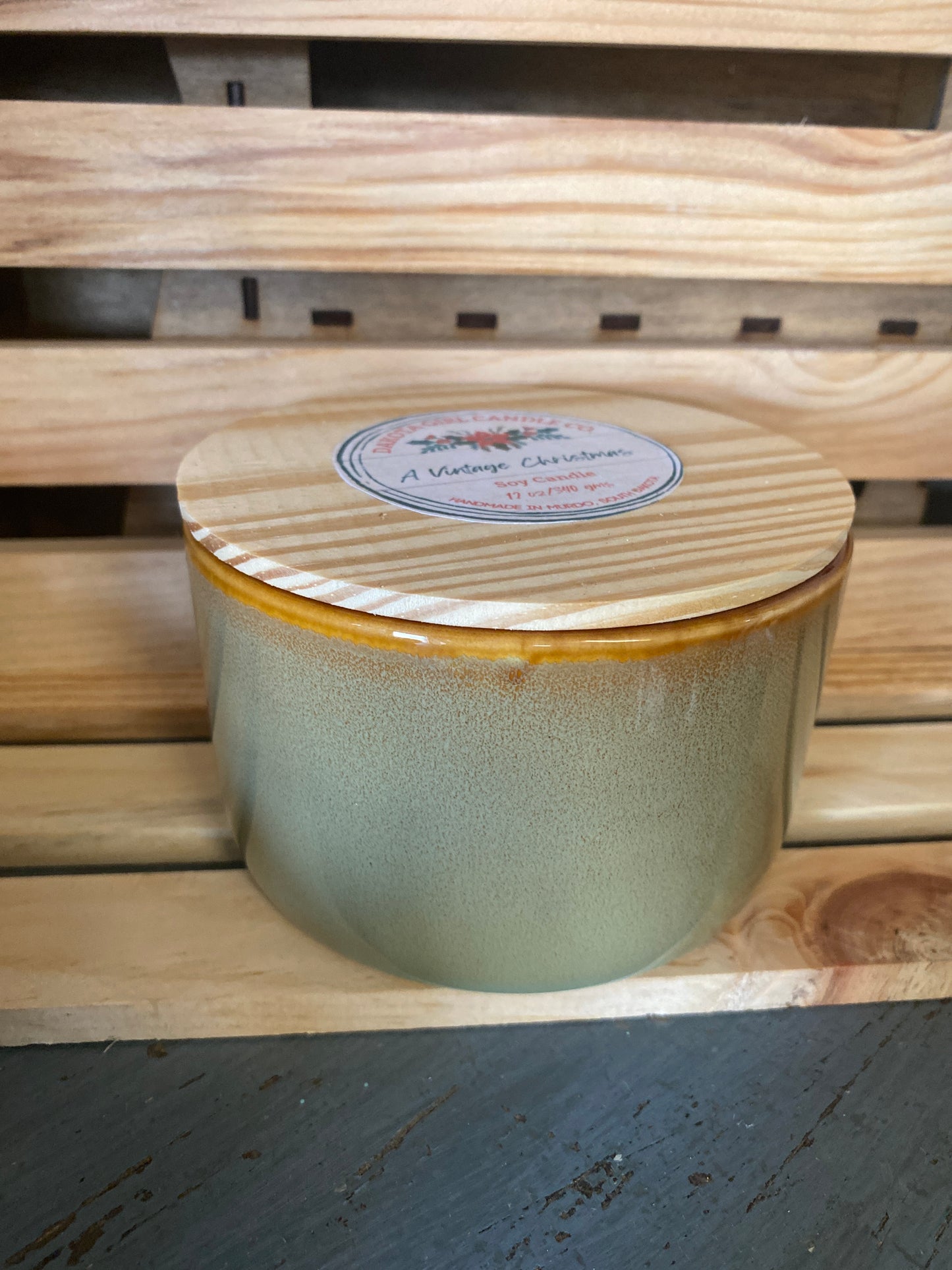 Ceramic Container Candle - A Vintage Christmas Scent | Rustic Pine Lid | 3 Wick Candle | Rustic Style | Soy Candle, 12 oz.