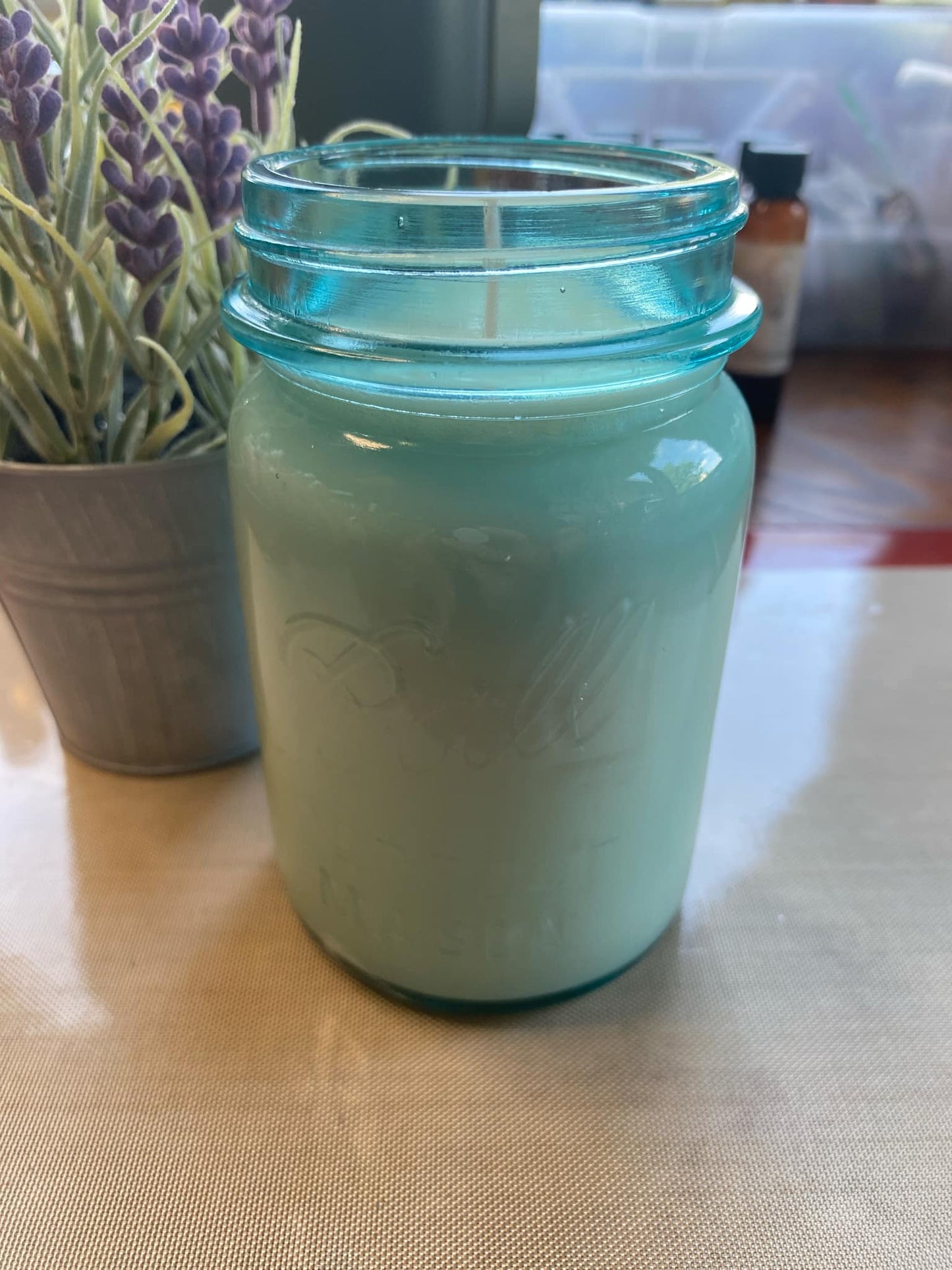 Antique Blue Mason Jar | Ball Mason Jar | Zinc and Porcelain Lid | Antique and Vintage Style | Farmhouse Style | Country Style | Soy Candle, 16 oz.