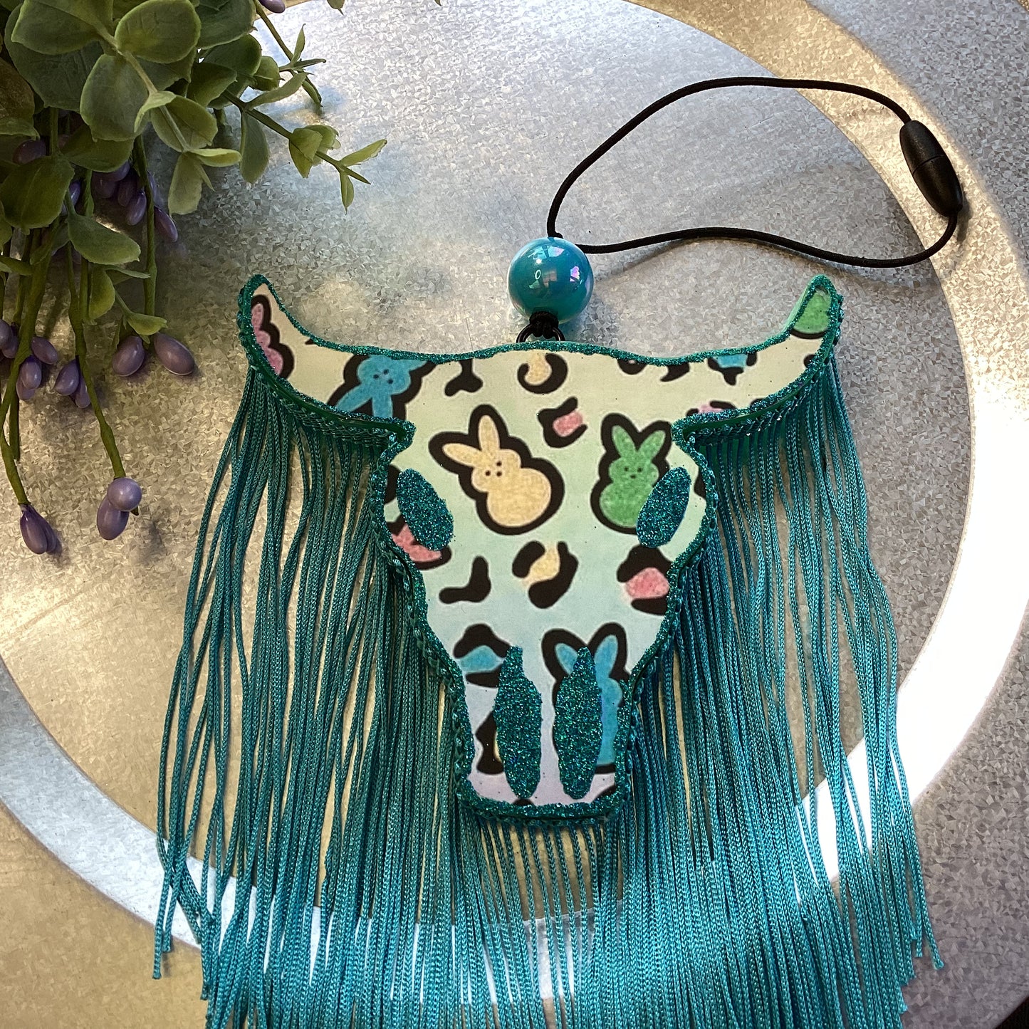 Marshmallow Bunny and Leopard Print Bull Skull With Fringe - Cherry Blossom Scent | Car Freshie | Car Freshy| Air Freshener | Car Accessory | Vehicle Decor | Gifts