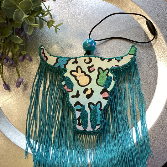 Marshmallow Bunny and Leopard Print Bull Skull With Fringe - Cherry Blossom Scent | Car Freshie | Car Freshy| Air Freshener | Car Accessory | Vehicle Decor | Gifts