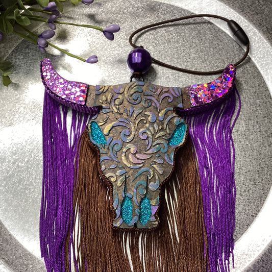 Tooled Leather Bull Skull With Fringe - Creamy Coconut Scent | Car Freshie | Car Freshy| Air Freshener | Car Accessory | Vehicle Decor | Gifts
